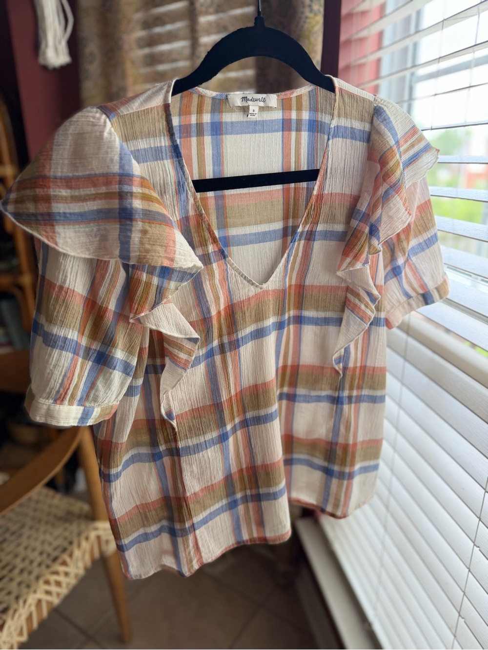 Madewell - Cream Plaid V-Neck Ruffle Sleeve Blouse